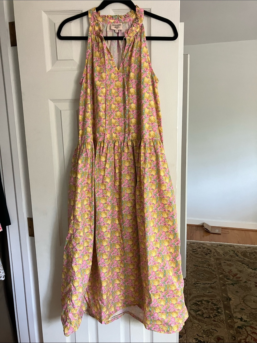 Liberty of London Floral Ruffle-Neck Midi Dress in Pink & Yellow